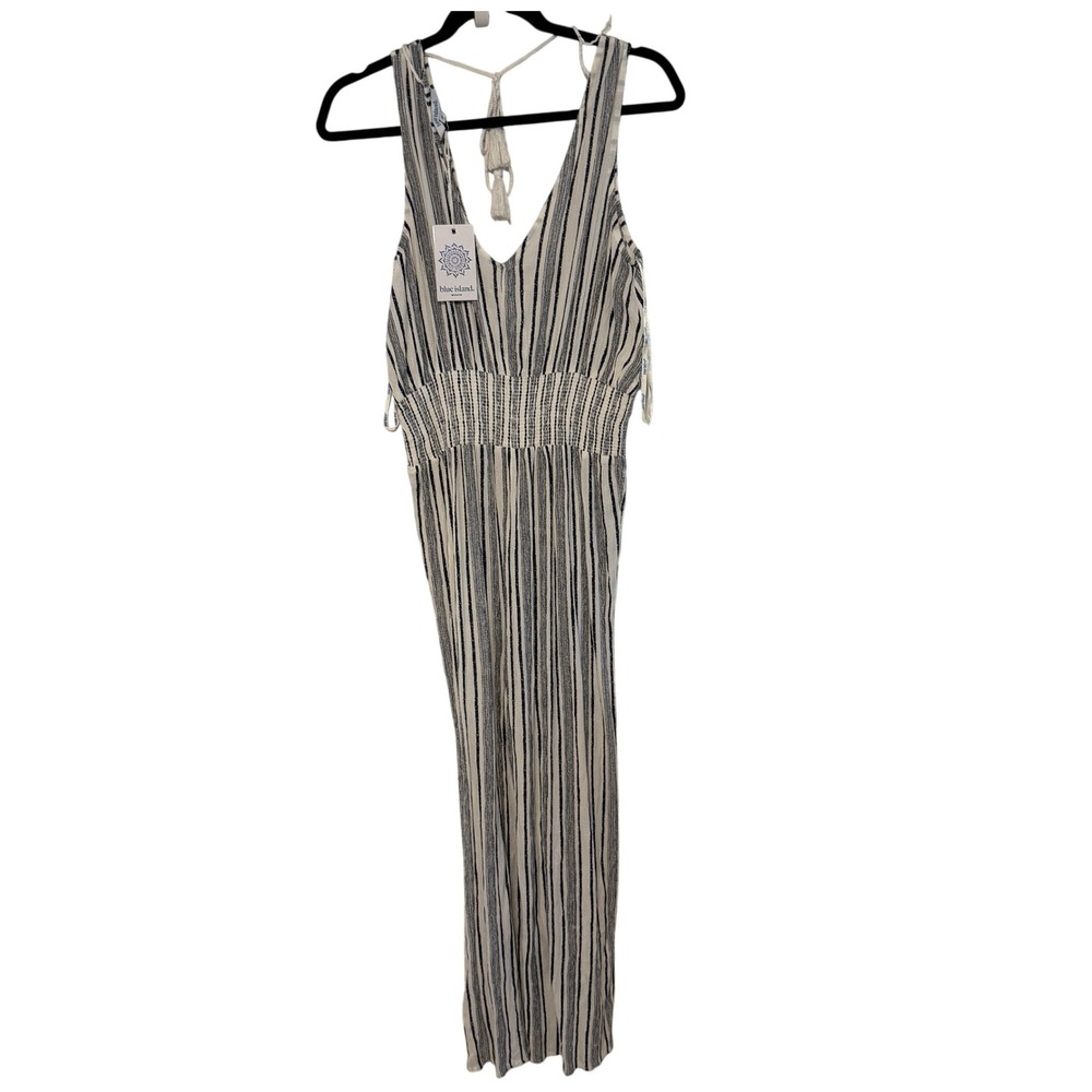 Blue Island Jumpsuit Striped Smocked Waist M White Navy Womens Beach Summer Boho